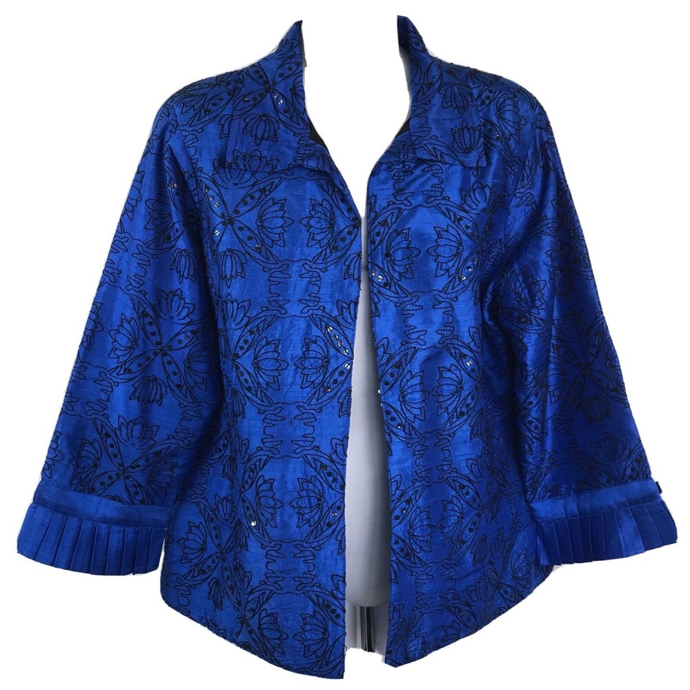Bleu Bayou 100% Silk Jacket L Blue beads Pleat Cuff Sleeve Open Glam Boutique